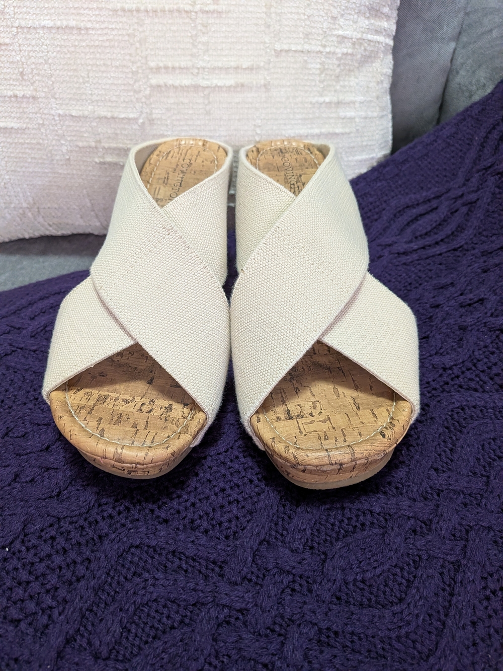 Women's Light Tan Canvas Crisscross Cork Wedge Sandals